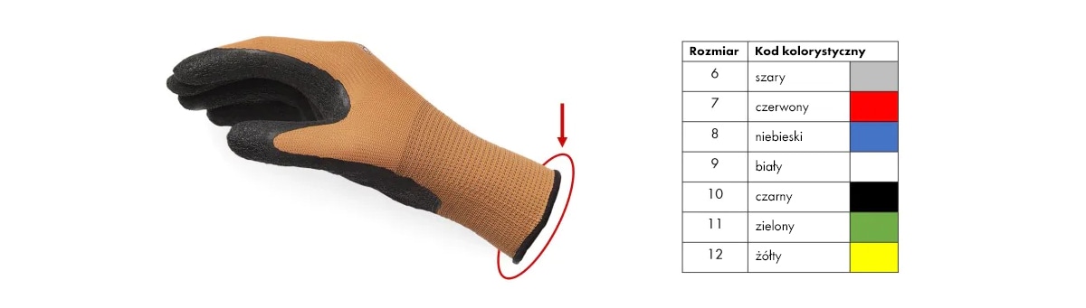 Handschuh mit Bördelung und Tabelle